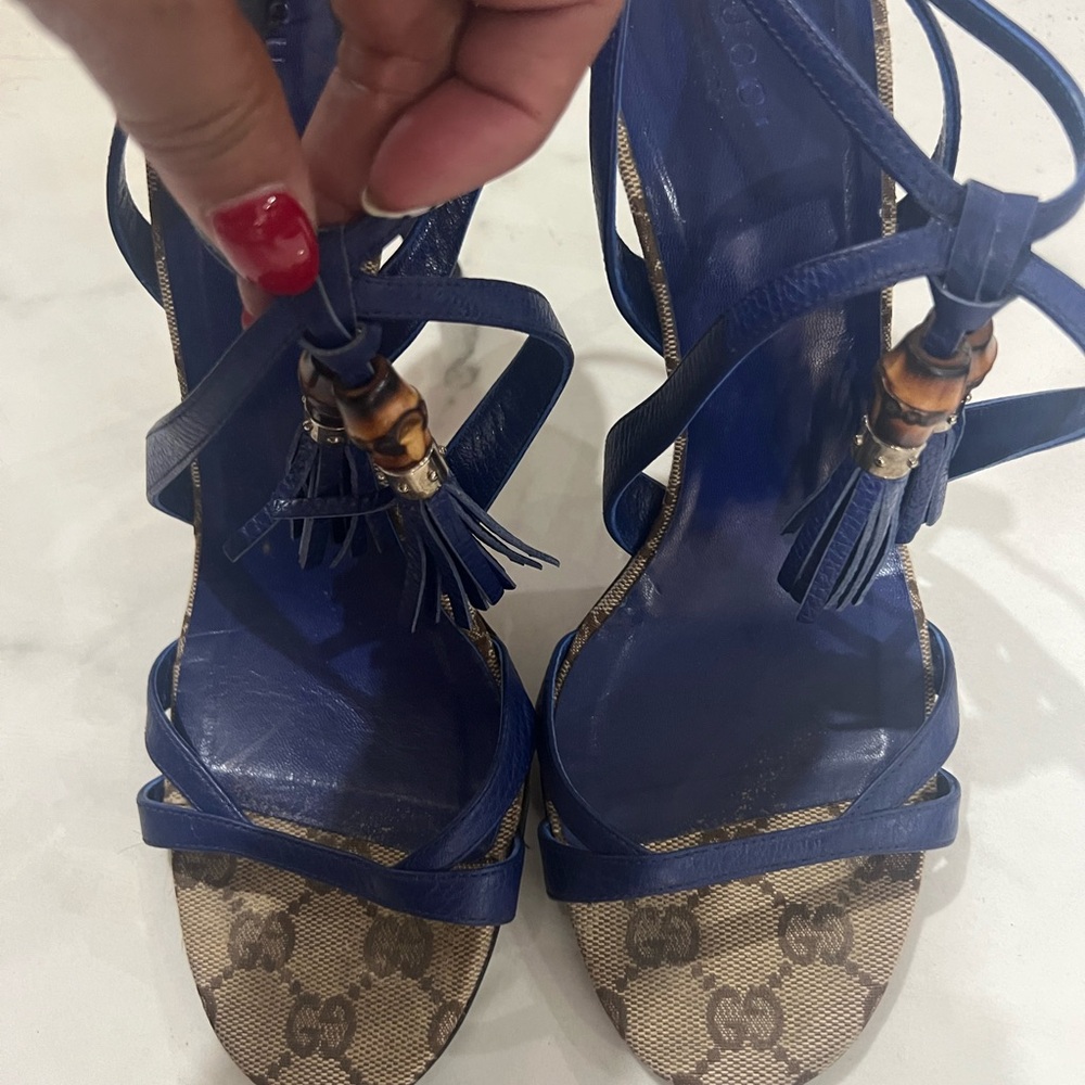 Gucci Blue and Tan Heels with Tassel Detail
